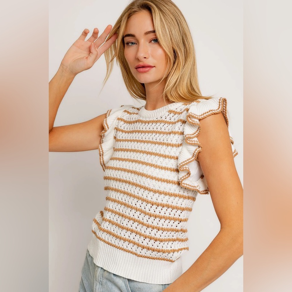 Sleeveless White & Tan Striped Ruffle Knit Open Weaver Sweater Tank S